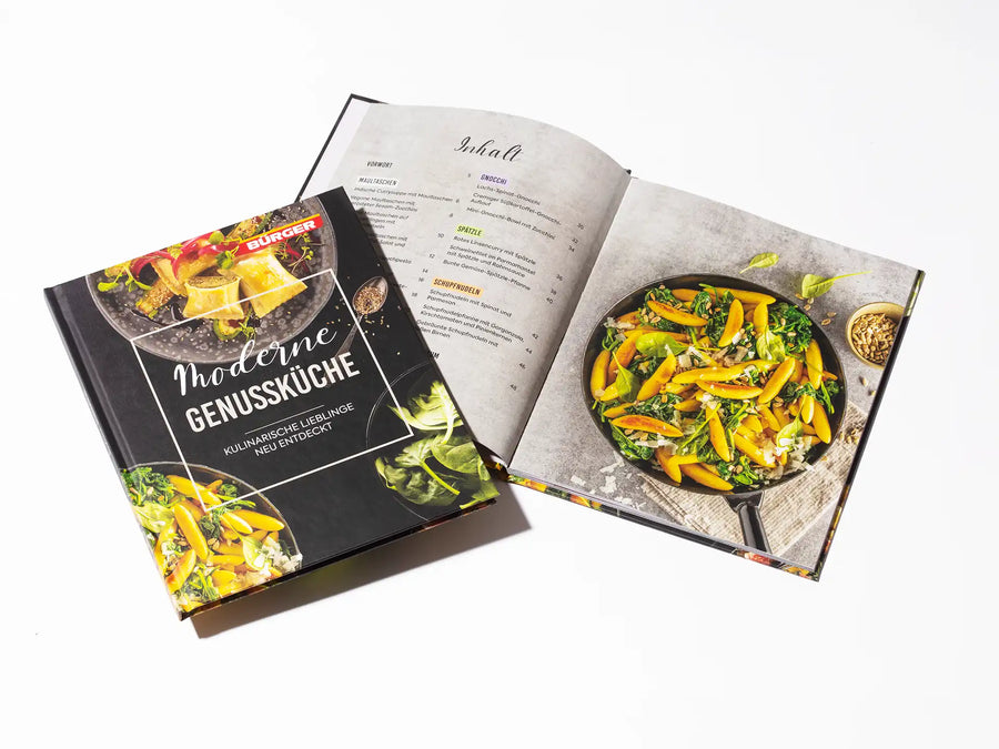Kochbuch „Moderne Genussküche“ von BÜRGER, Cover und geöffnete Doppelseite mit Rezept sichtbar.