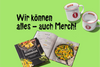 Kochbuch „Moderne Genussküche“ und zwei weiße BÜRGER-Tassen als Merchandise-Produkte.