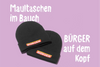 Zwei schwarze Beanies mit BÜRGER-Logo als Fanartikel vor lila Hintergrundfläche.