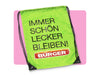Grüner BÜRGER-Turnbeutel mit schwarzer Kordel und Aufdruck „Immer schön lecker bleiben!“