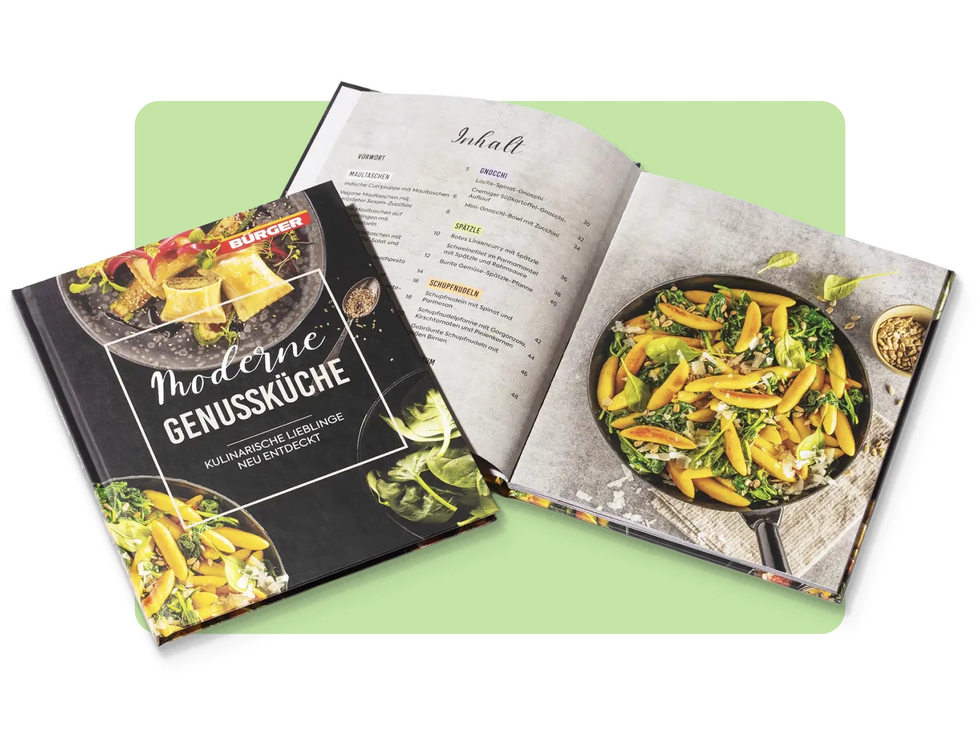 Kochbuch „Moderne Genussküche“ von BÜRGER mit Rezeptinhalten und Nudelpfanne auf grünem Hintergrund.