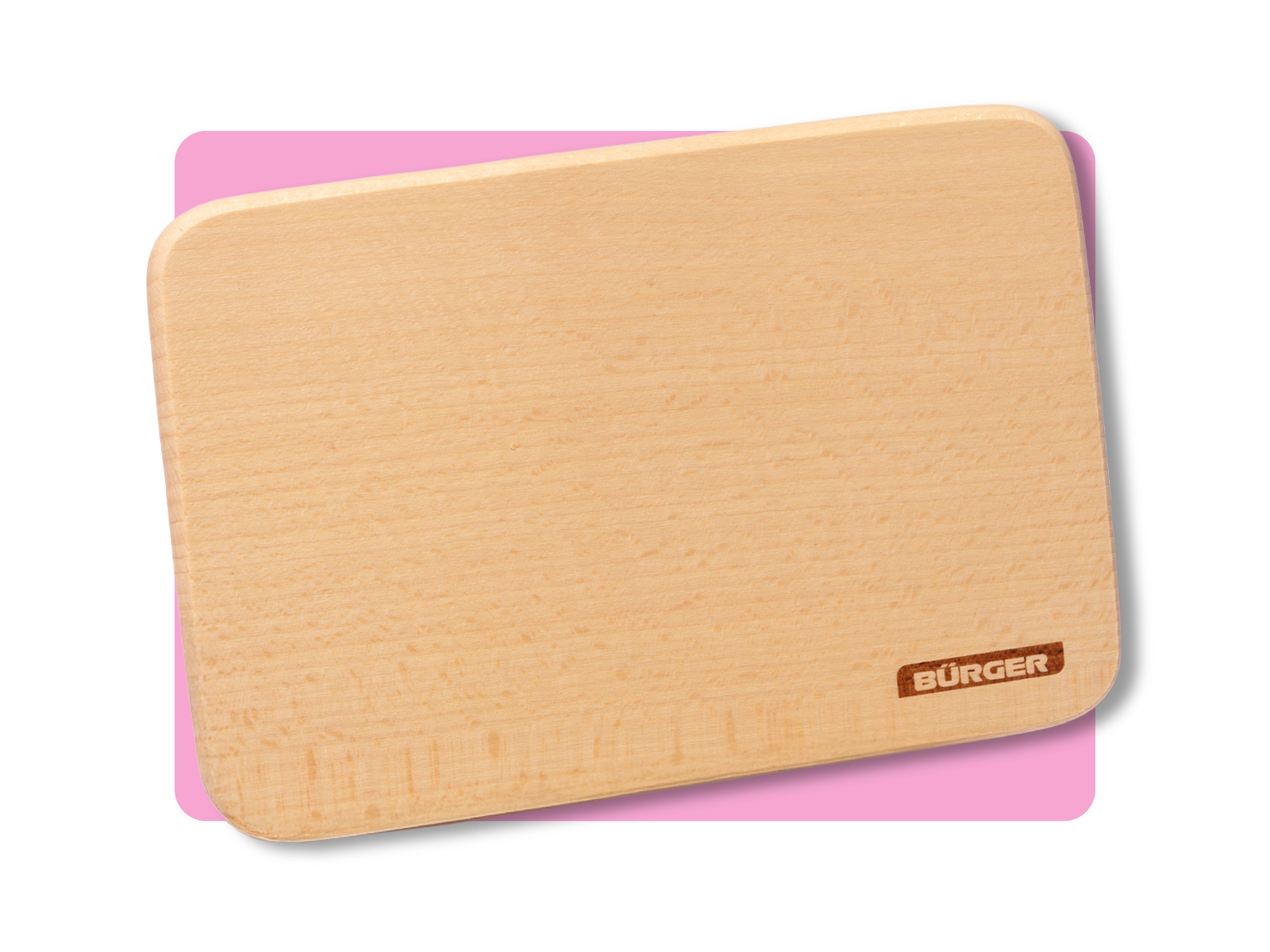 Rechteckiges Frühstücksbrett aus Holz mit kleinem „BÜRGER“-Logo in der Ecke