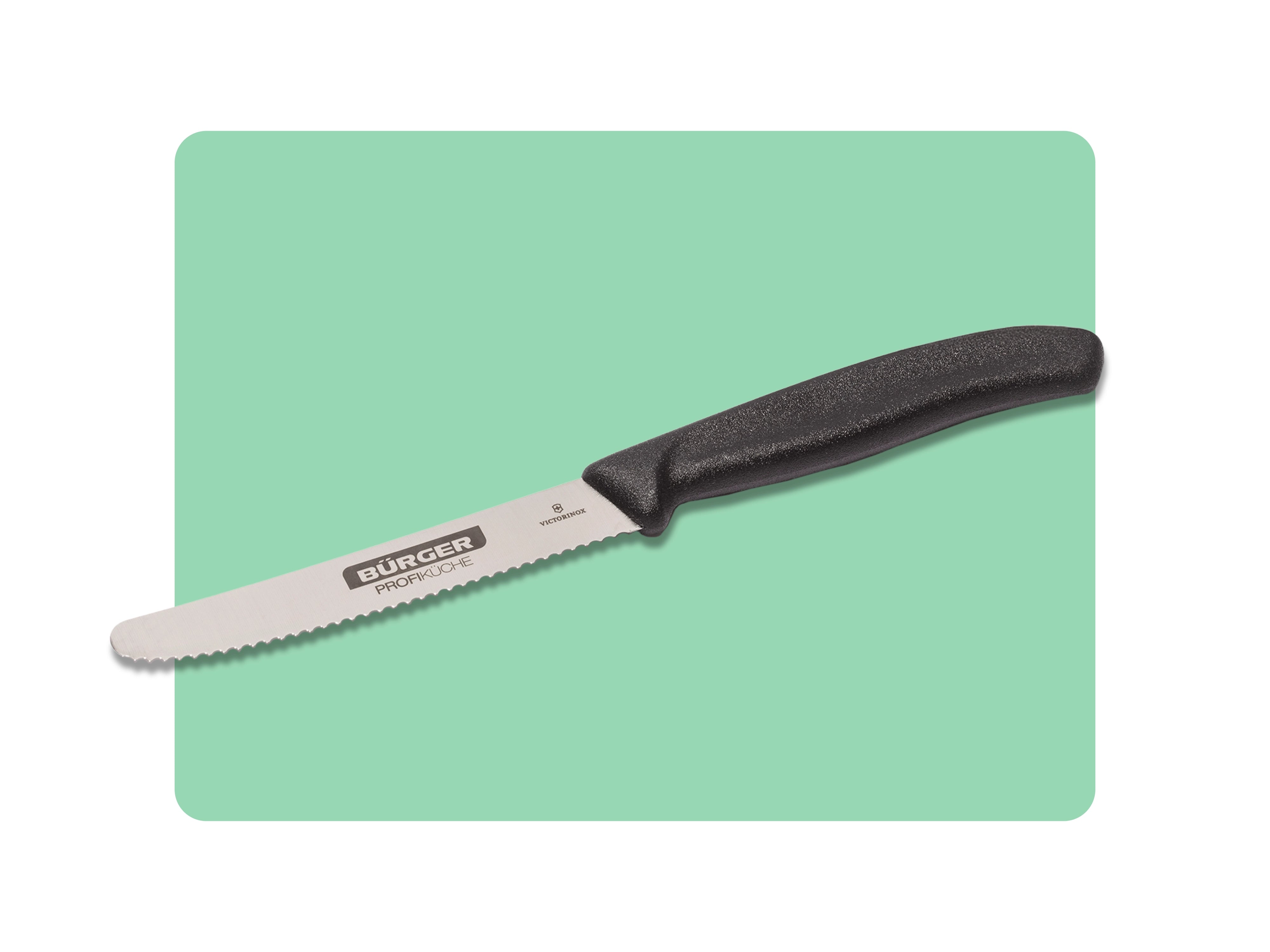 Wellenschliffmesser mit schwarzem Griff und „BÜRGER Profiküche“-Logo auf der Klinge