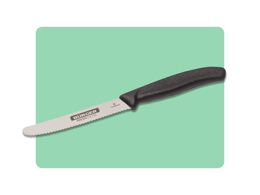 Wellenschliffmesser mit schwarzem Griff und „BÜRGER Profiküche“-Logo auf der Klinge