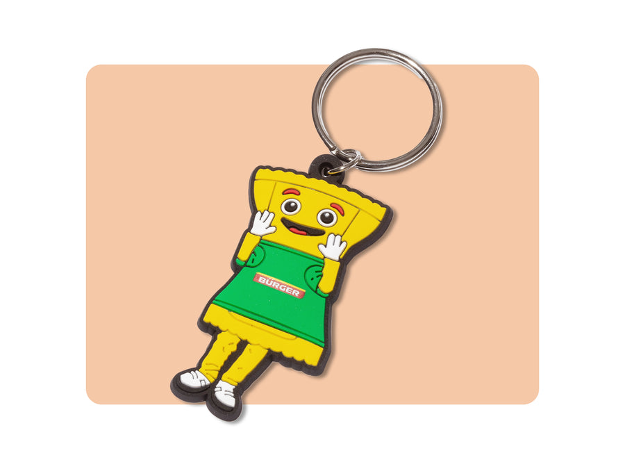 Schlüsselanhänger mit animierter gelber Teigtaschenfigur im grünen Outfit mit „BÜRGER“-Logo.